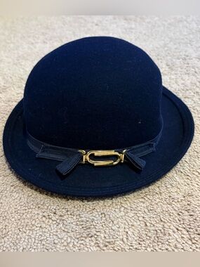 Vintage 1960’s Bollman and Co Navy Blue 100% Wool Bowler Hat with Gold Accent